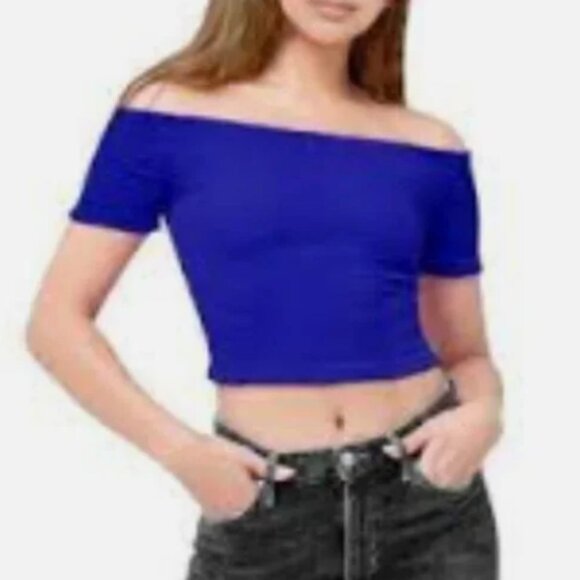 ABOUND Royal Bight Blue Off the Shoulder Cropped Smocked Top Size Large - Picture 1 of 6